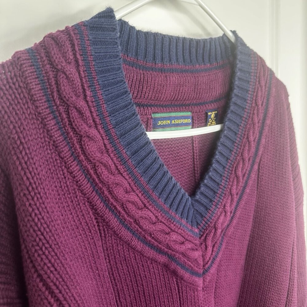 John Ashford Sweater Mens XL Maroon V-Neck Chunky Cable Knit Vintage Preppy